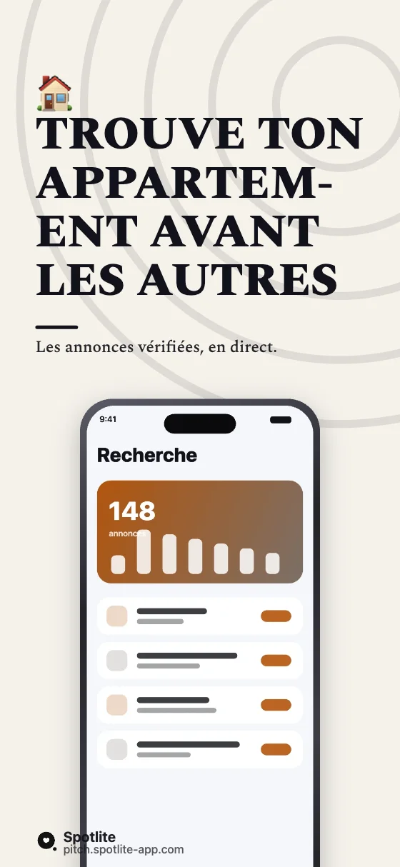 App immobilière — slide 1 : Trouve ton appartement avant les autres