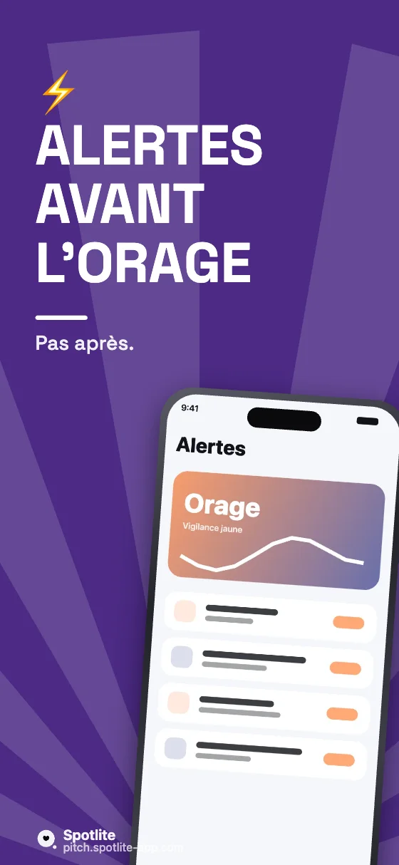 App météo — slide 4 : Alertes avant l'orage