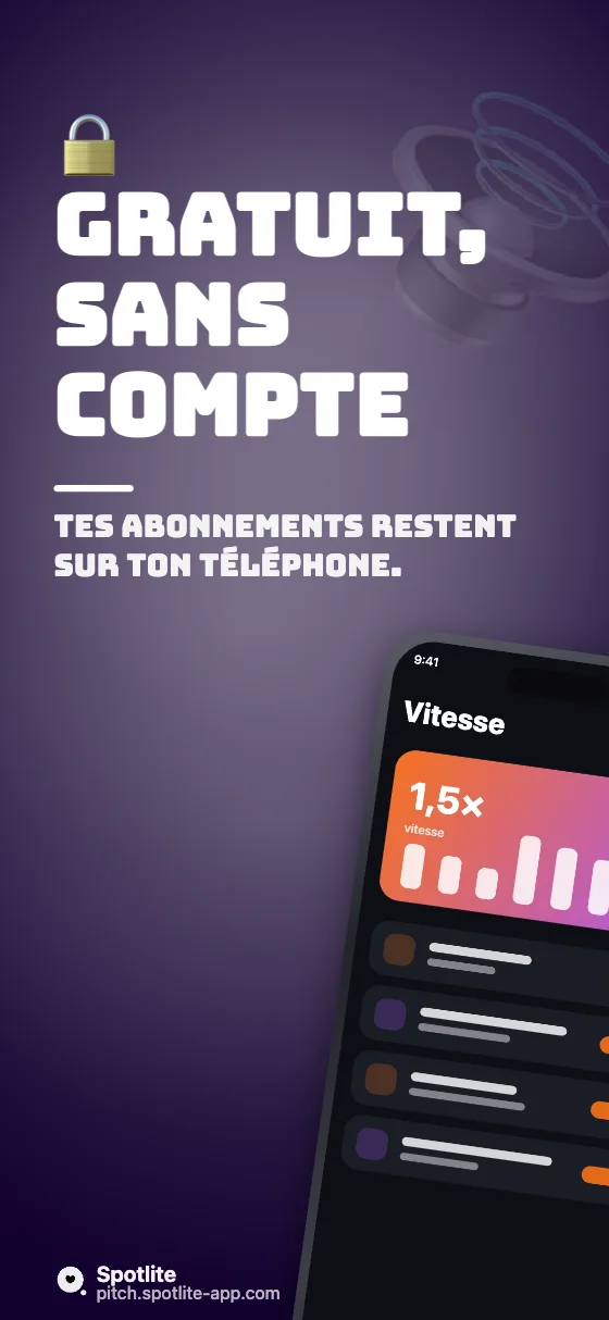 App de podcasts — slide 5 : Gratuit, sans compte