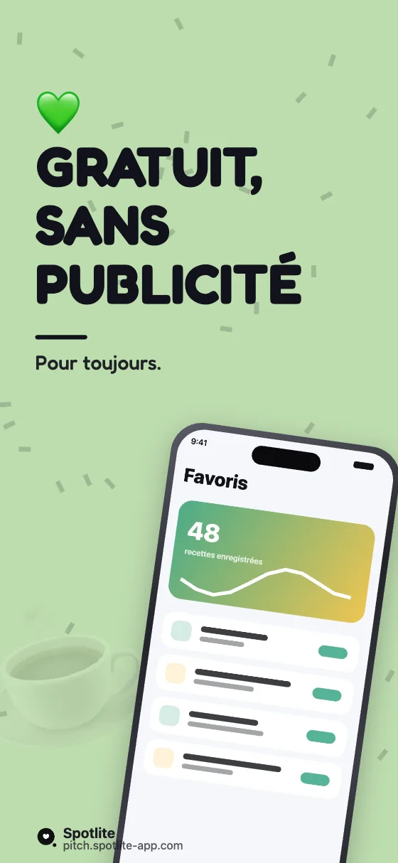 App de recettes — slide 4 : Gratuit, sans publicité