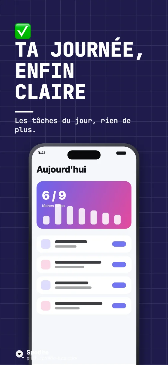 App de tâches — slide 1 : Ta journée, enfin claire