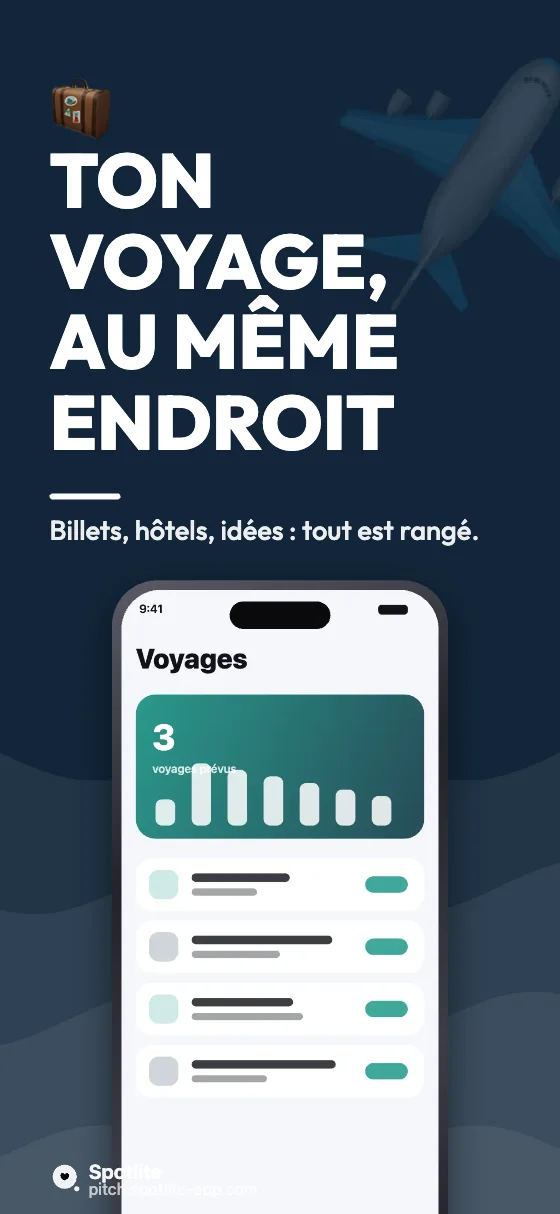 App de voyage — slide 1 : Ton voyage, au même endroit