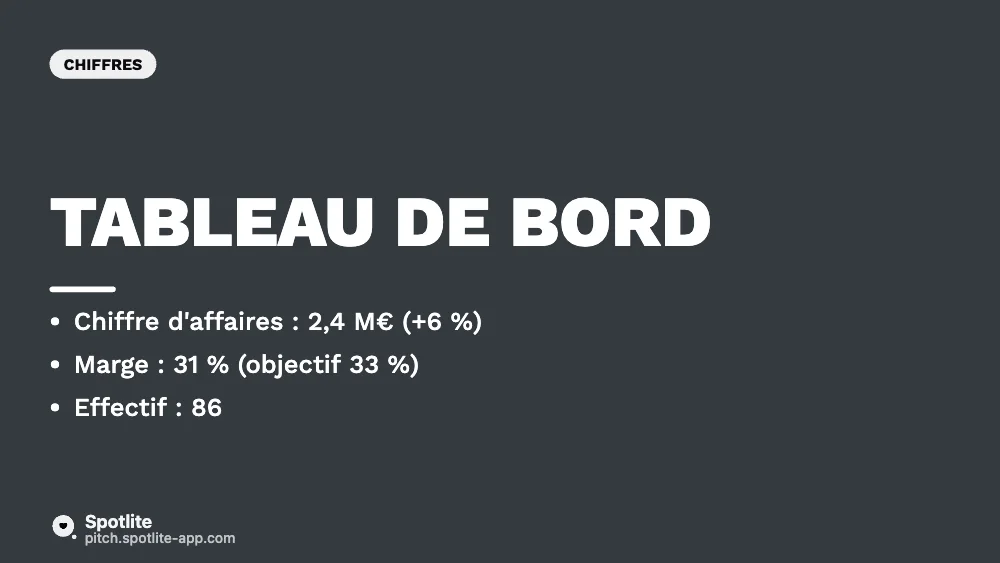 Comité de direction — slide 2 : Tableau de bord