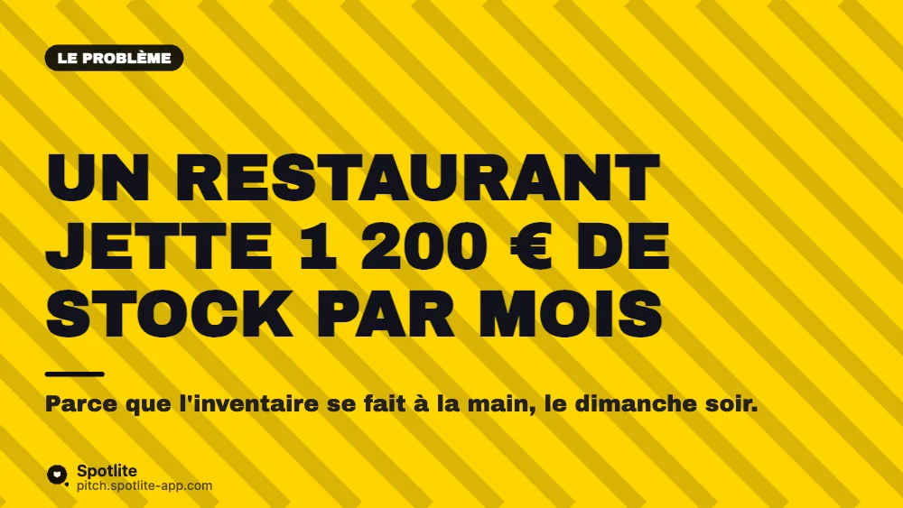 Demo day — 3 minutes — slide 2 : Un restaurant jette 1 200 € de stock par mois