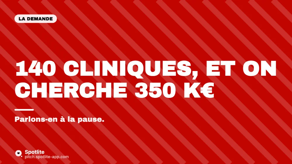 Elevator pitch — 1 minute — slide 3 : 140 cliniques, et on cherche 350 k€