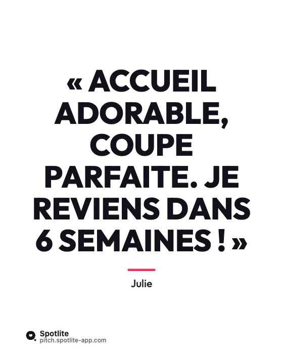 Avis clients — slide 2 : « Accueil adorable, coupe parfaite. Je reviens dans 6 semaines ! »