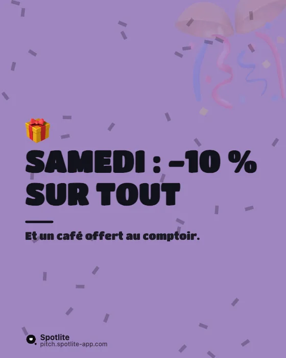 Ouverture de boutique — slide 3 : Samedi : −10 % sur tout