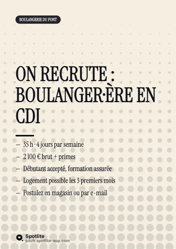 Offre à afficher — slide 1 : On recrute : boulanger·ère en CDI