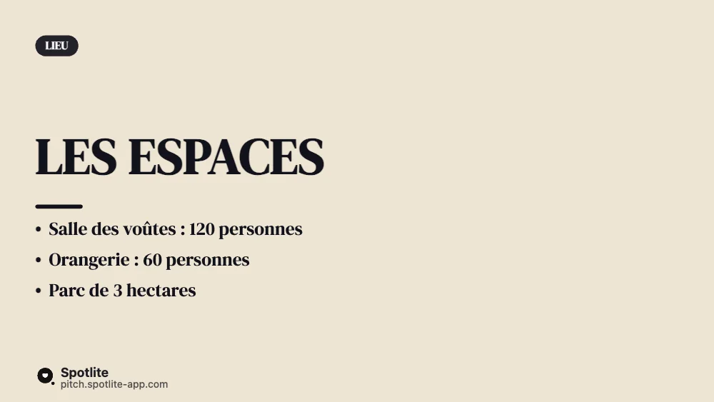 Offre événementielle — slide 2 : Les espaces