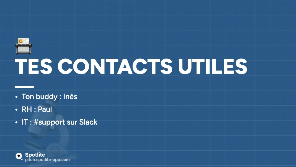 Onboarding nouvel arrivant — slide 4 : Tes contacts utiles
