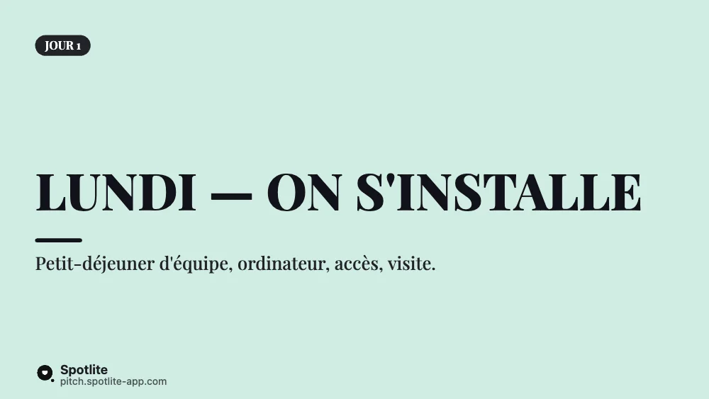 Première semaine — slide 2 : Lundi — on s'installe