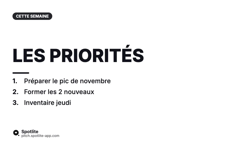 Point d'équipe hebdo — slide 3 : Les priorités