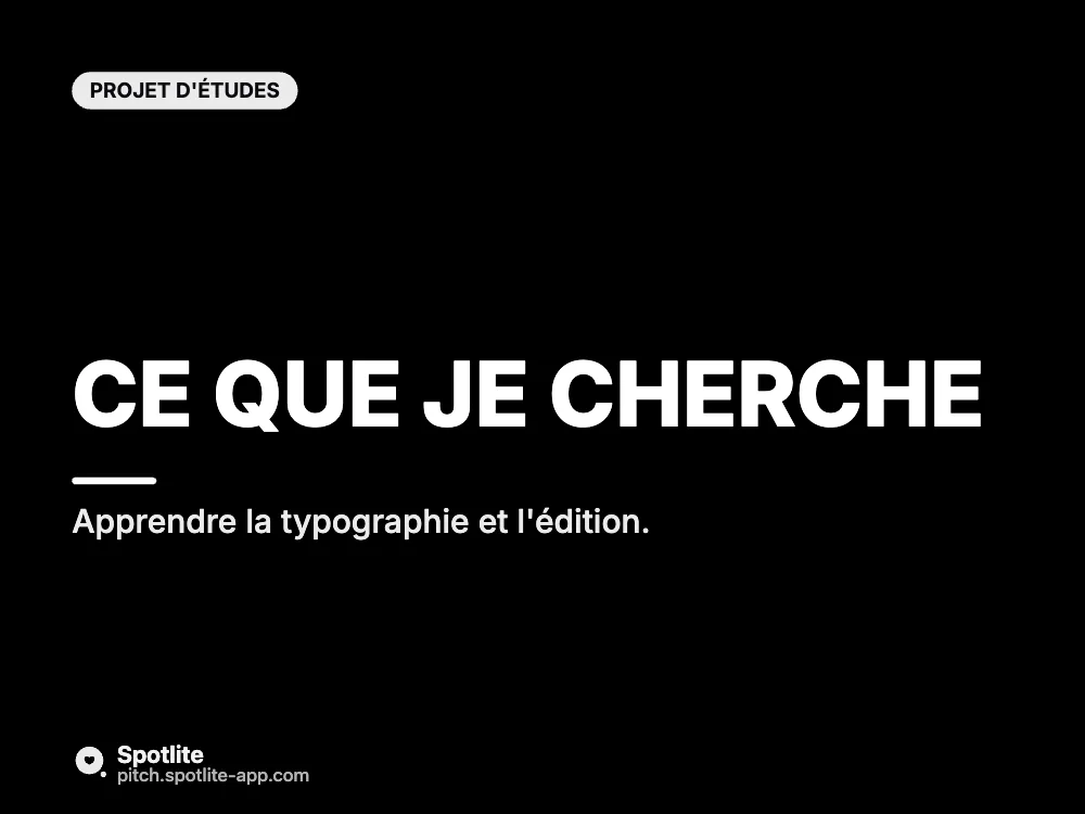Portfolio d'école d'art — slide 5 : Ce que je cherche