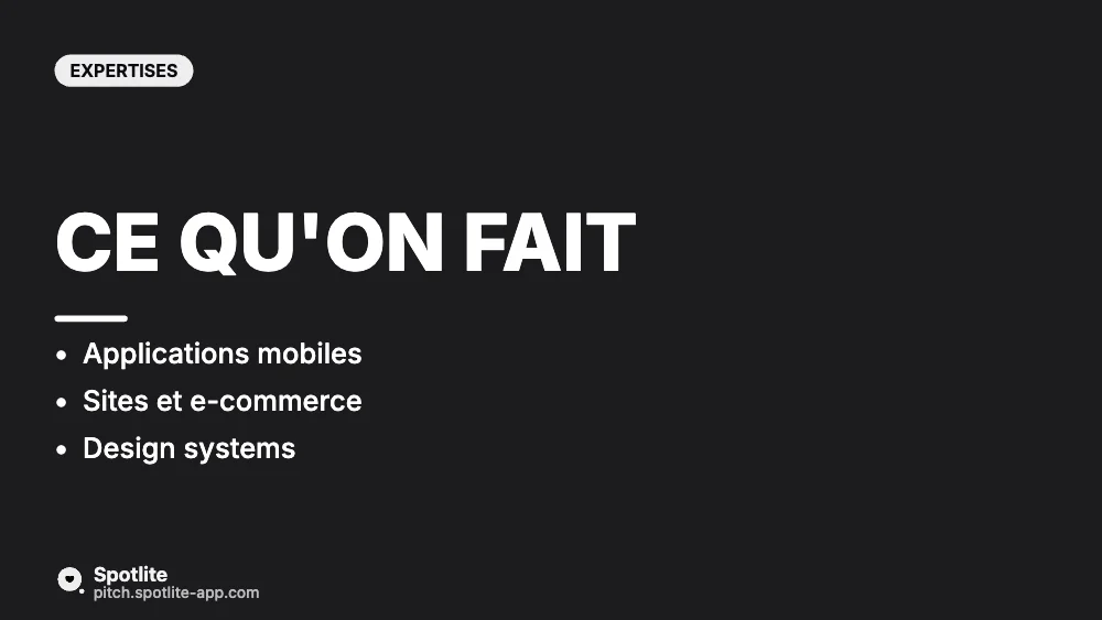 Présentation d'agence — slide 3 : Ce qu'on fait