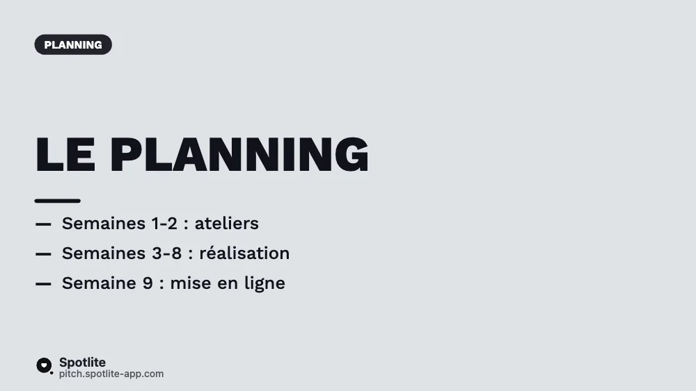 Proposition commerciale — slide 4 : Le planning