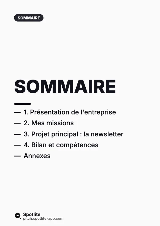Rapport de stage (couverture et sommaire) — slide 2 : Sommaire