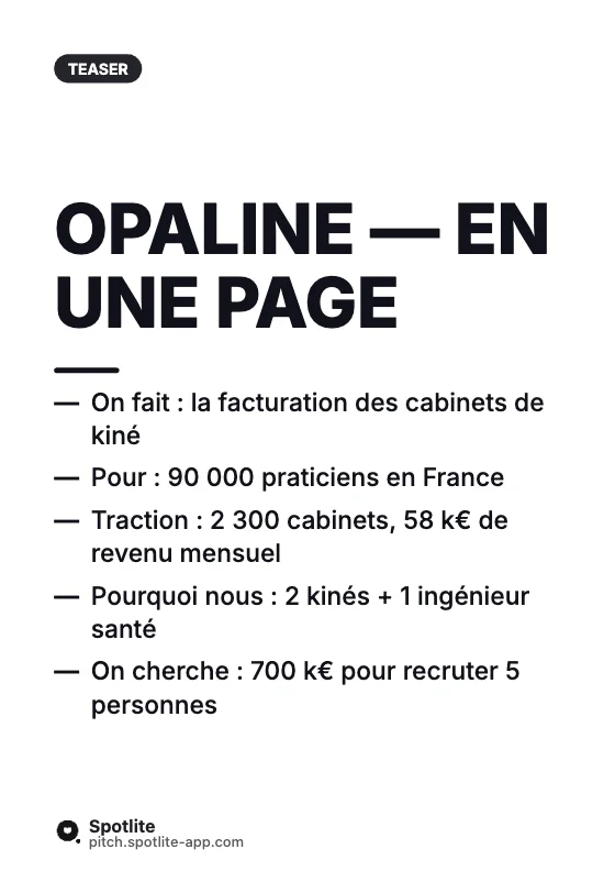 Teaser à envoyer par e-mail — slide 1 : Opaline — en une page