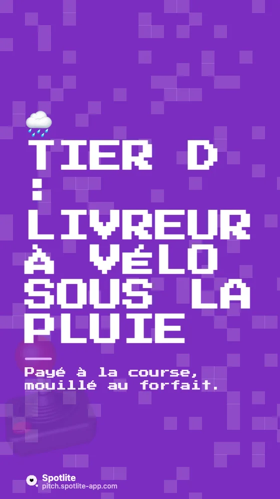Classement (tier list) — slide 2 : Tier D : livreur à vélo sous la pluie