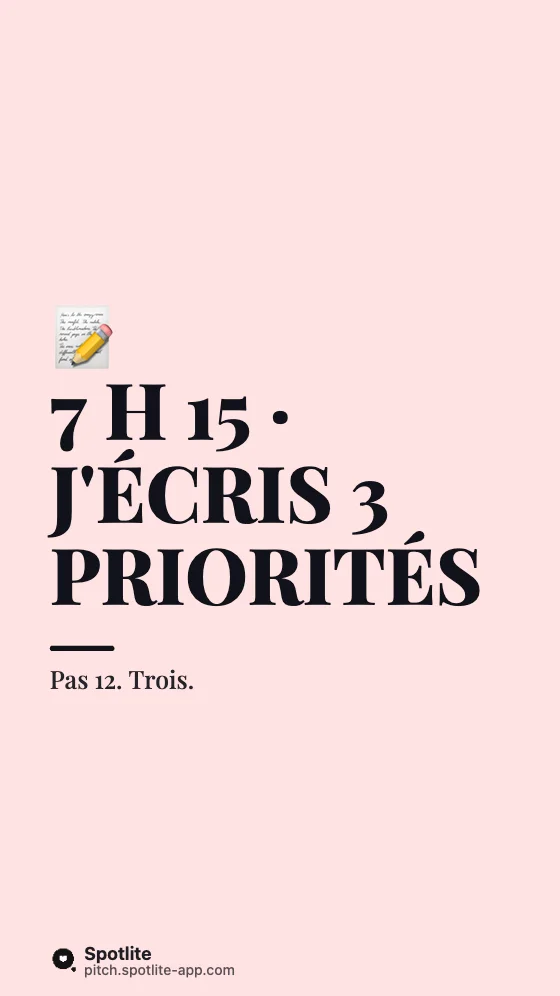 Routine du matin — slide 6 : 7 h 15 · J'écris 3 priorités